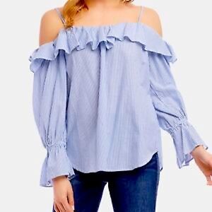 KAREN KANE Bracelet Sleeve Blouse Blue White Stripe Off Shoulder Ruffle Top Boho